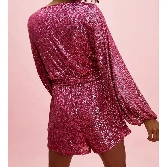 NWOT Free People  Christa Pink Sequin Wrap Romper  W/ Tie Belt - Size M - Picture 4 of 8